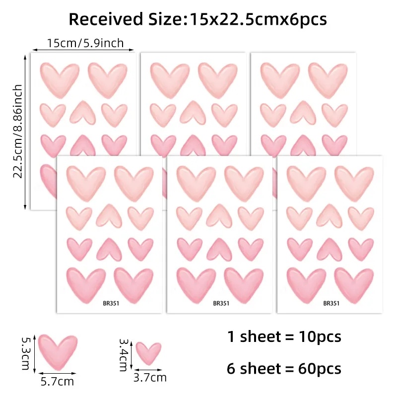 60pcs Pink Love Heart-Shape Wall Stickers/Self-adhesive PVC Tahan Air Stiker Dinding/Dekorasi Rumah Aksesoris