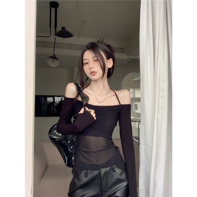 Red Hitam Mesh Jahitan Lengan Panjang T-shirt Wanita Musim Semi Rasa Desain Niche One-Shoulder Seksi Halter Leher Pendek top