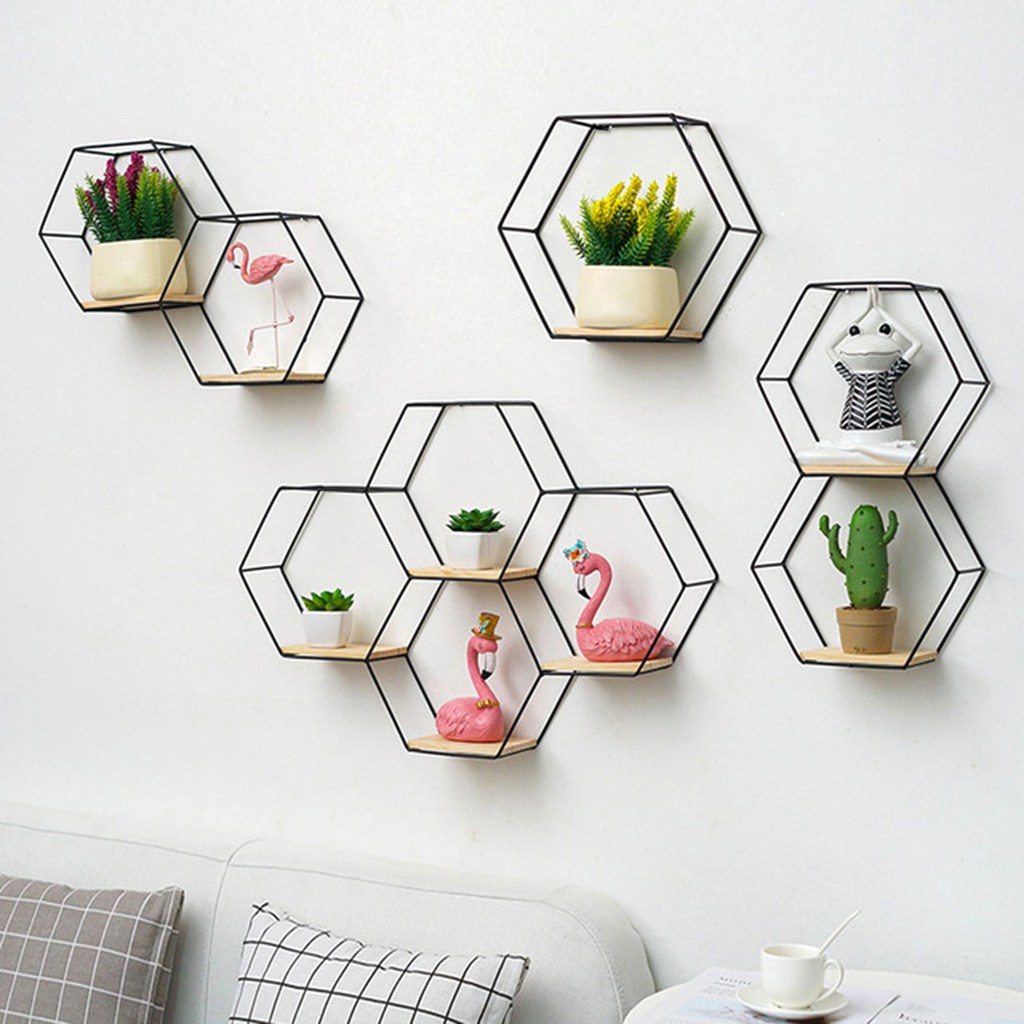 Dekorasi Rak Dinding Hexagonal 3 Dimensi 1 set (3pcs) besar kecil sedang - Rak besi segienam