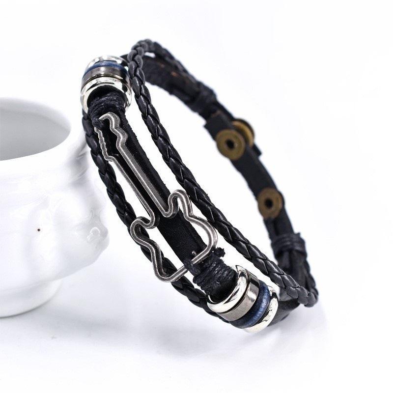 [X C Gelang] Baru Alat Musik Gaya Gelang Hitam Kulit Vintage Hip Hop Punk Gelang Kulit Lengan Manik-Manik Multilayer Zinc Alloy Anyaman Gelang