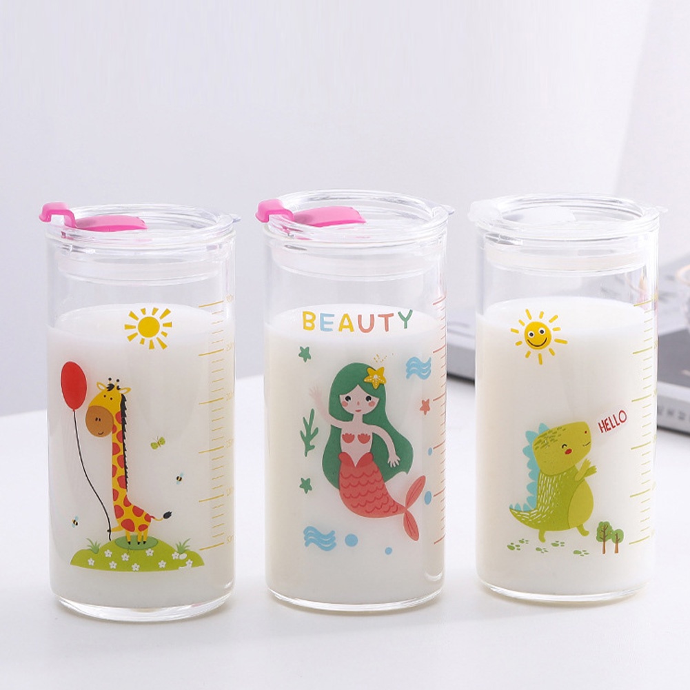 Gelas Kaca 350ml Dengan Tutup Dan Sedotan Motif Kartun Transparan Lurus Tube Cup Juice Can Milk Mocha Cups Breakfast Mug Perlengkapan Minum