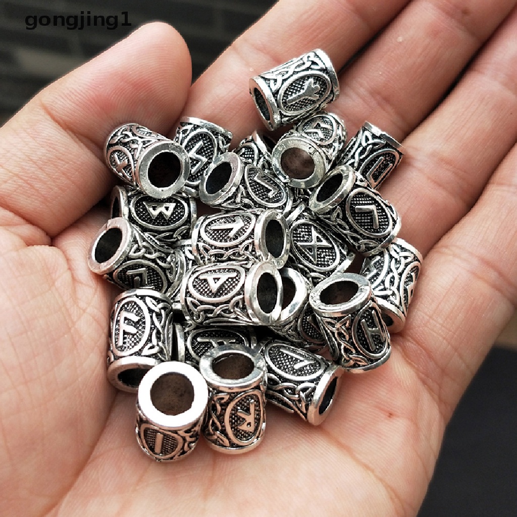 Ggg 24pcs Viking Runes Set Manik-Manik Longgar Spacer Manik-Manik Untuk Kepang Rambut Gimbal Beads DIY Membuat Perhiasan ID