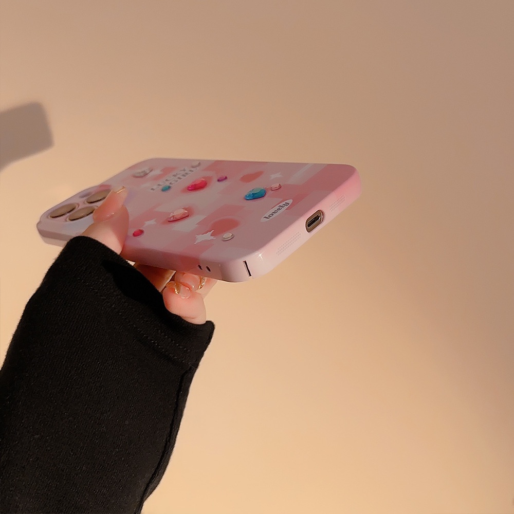 IPHONE Ins Y2K Pink Ponsel Hard Case Film Cover Dengan DIY Cinta Hati Berlian Imitasi Stiker Untuk Iphone7 8 PLUS X XR XS 11 12 13 14 PRO MAX SE 2020