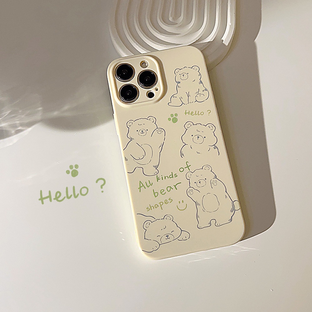 IPHONE Cute Doodle Dancing Bear Kartun Cream Kuning Perlindungan Penuh Casing Ponsel Cover Untuk Iphone11 12 13 14 PLUS PRO MAX