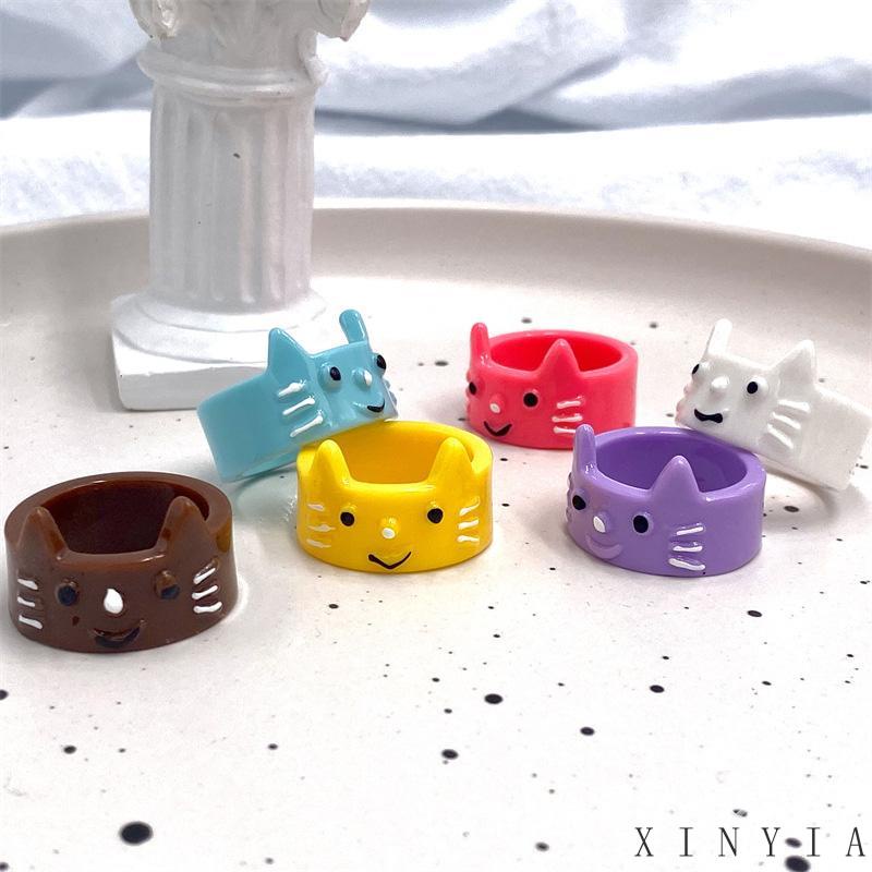 【Bayar di tempat】Cincin Akrilik Resin Kucing Lucu Cincin Tiga Dimensi Kartun Hewan Kecil