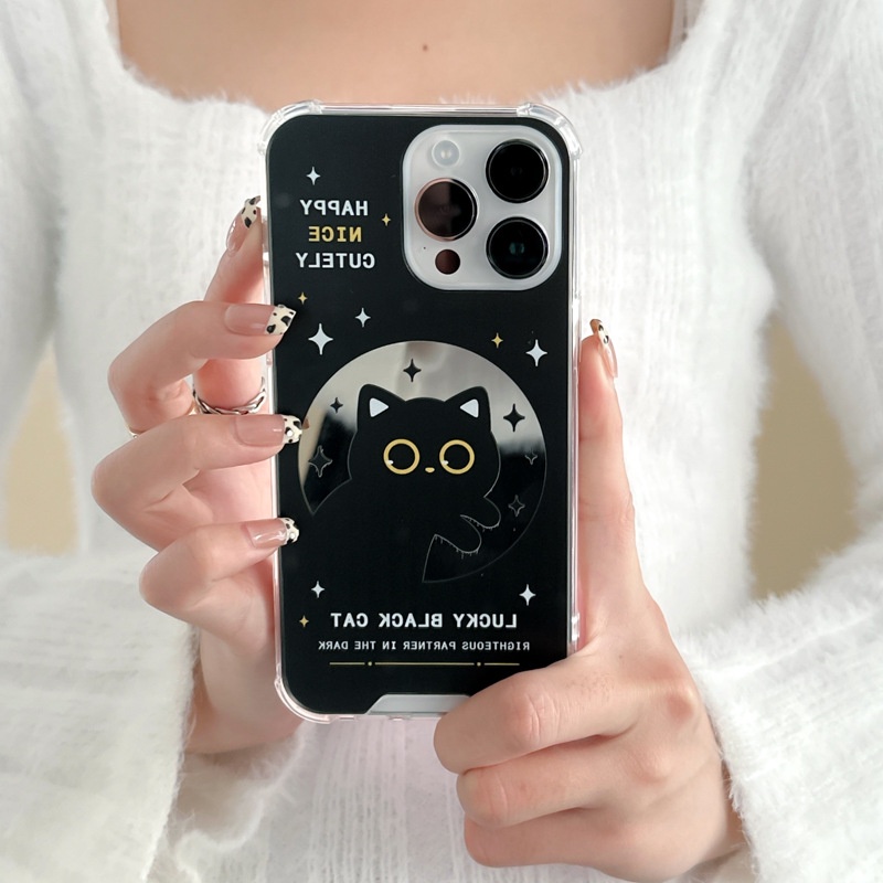 [Anti Jatuh Cermin] Pretty Makeup Silicone Soft Case IPhone 6S 7 8 Plus X XR XS Max IPhone 11 12 13 14 Pro Max 14 Plus 7+8+12 13 mini Wanita Cewek Lucu Hitam Kucing Beruntung