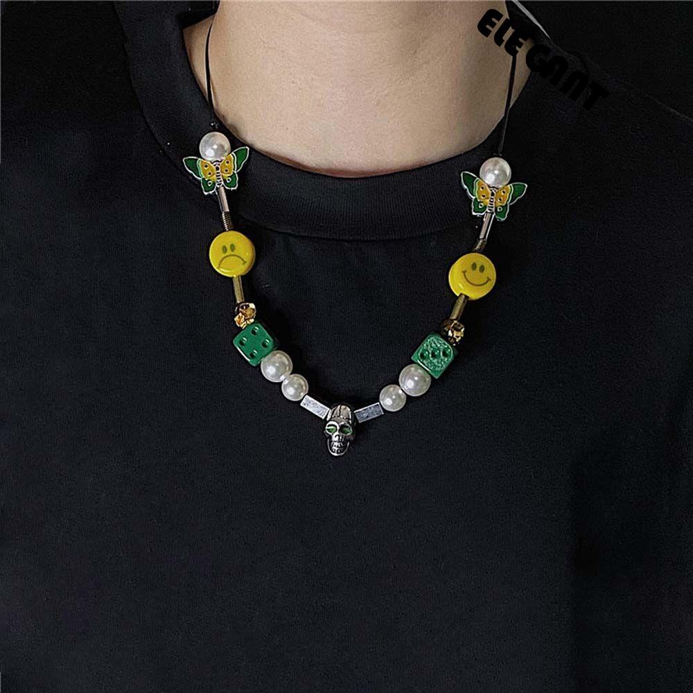 [Elegan] Pria Kalung Klasik Hip Hop Wanita Mutiara Manik-Manik Smiley Tengkorak Liontin Gaya Korea Kalung