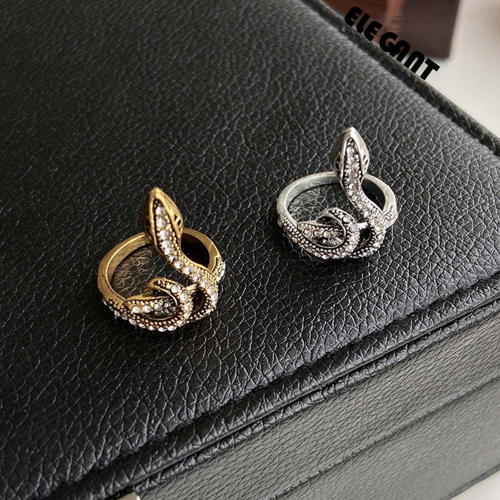 [Elegan] Wanita Cincin Terbuka Berlebihan Temperamen Punk Untuk Pria Berlian Imitasi Alloy Snake Finger Ring