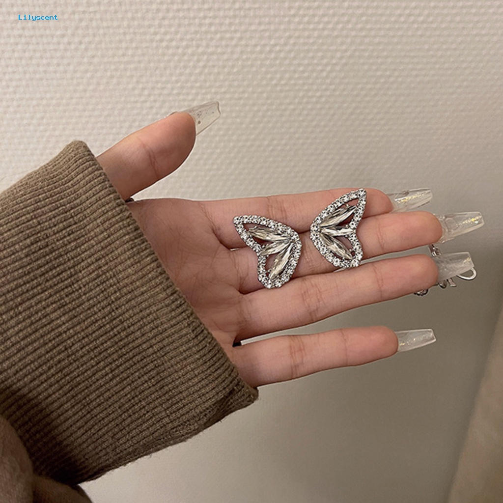 Lilyscent 1pasang Hypoallergenic Ear Studs Fashion Jewelry Berlian Imitasi Berkilau Kupu-Kupu Sayap Telinga Studs Kristal Imitasi