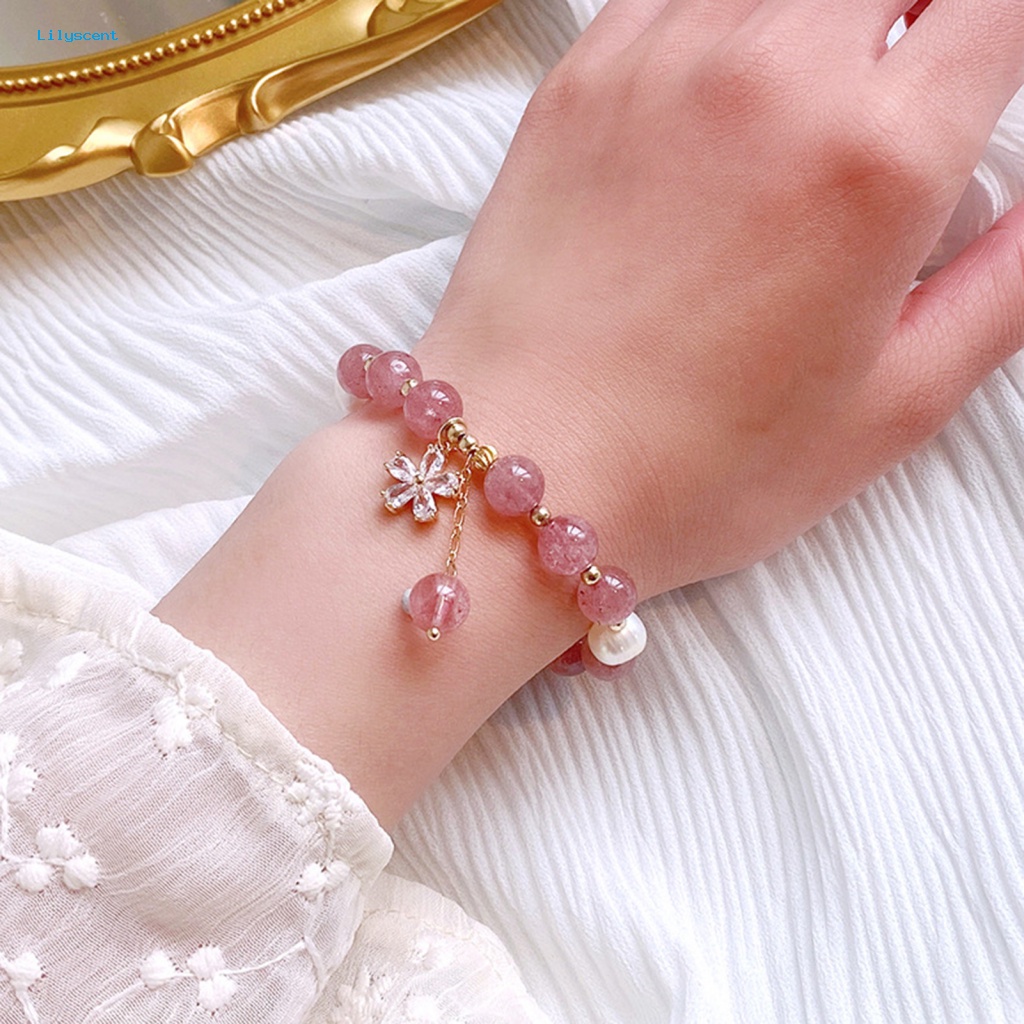 Lilyscent Hadiah Wanita Gelang Aksesori Busana Merah Muda Kristal Imitasi Manik-Manik Bangle Perhiasan Cubic Zirconia