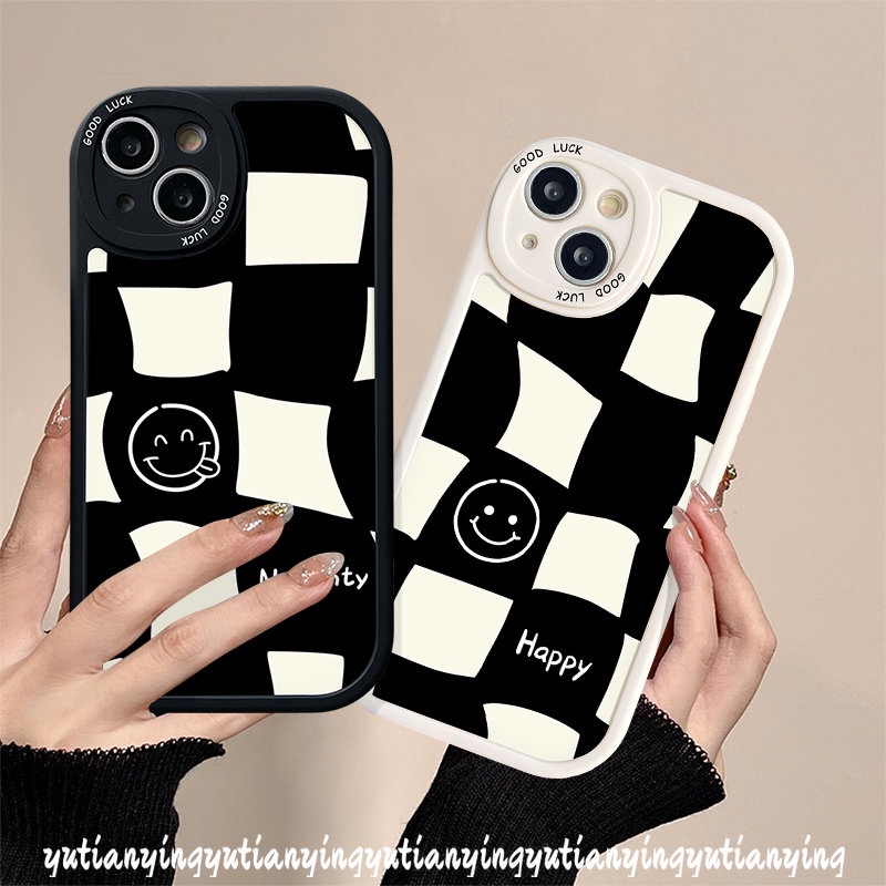 Fashion Smile Pasangan Casing Realme C53 C31 C30 C25s C35 C3 C25Y C20 C2 C17 C11 C21 C12 C21Y C17 C15 8 GT 9i 5 7i 5i 6i 6s 6 8i 8Pro Lembut Simple Hitam Putih Checkerboard TPU Cover