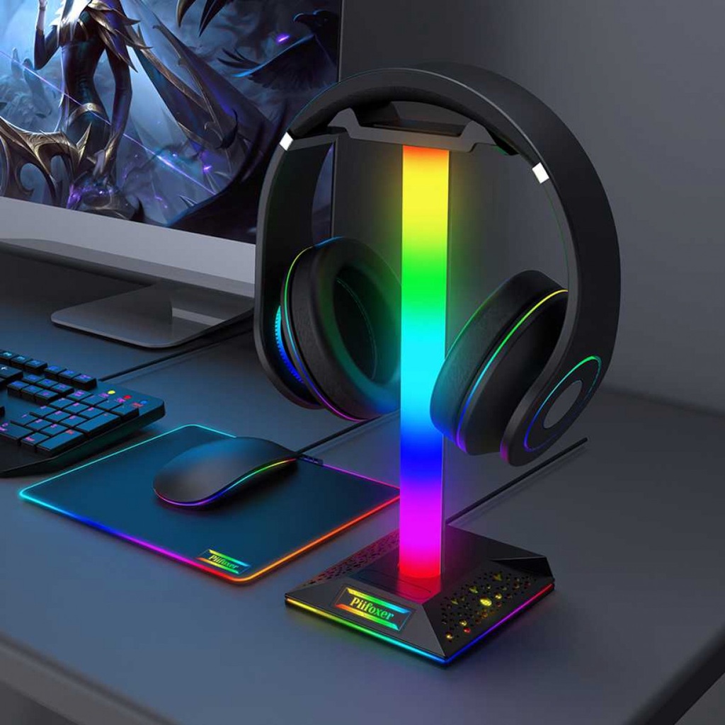 Gantungan Headphone Gaming Stand Hanger LED RGB 2 Port USB Jack 3.5