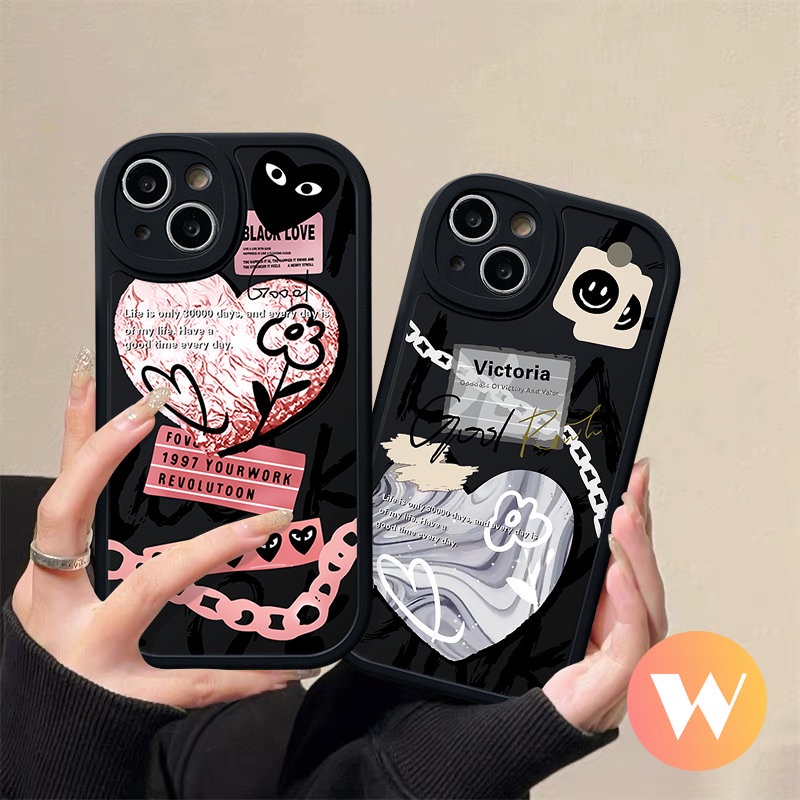 IPHONE Trendy Merek Comme des Garcons Ins Graffiti Cinta Hati Case Kompatibel Untuk Iphone7-6 6s 8plus 11 XR X XS Max13 12 14 Pro Max SE 2020 Smile Label Lembut Tpu Cover