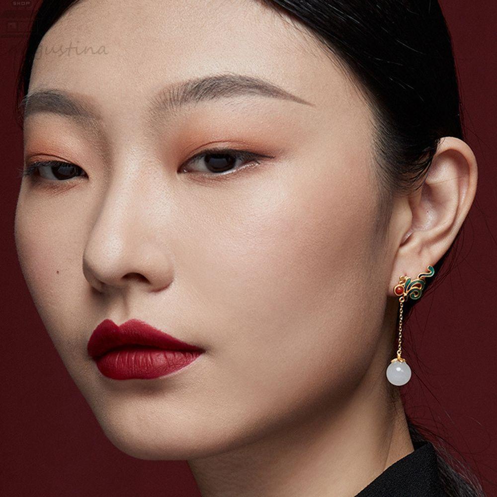 Agustinina Anting Perempuan Elegan Fashion Geometri Sederhana Merah Gaya Cina Kuno Perhiasan Anting Menjuntai Panjang Hijau Gaya Cina Ear Drop