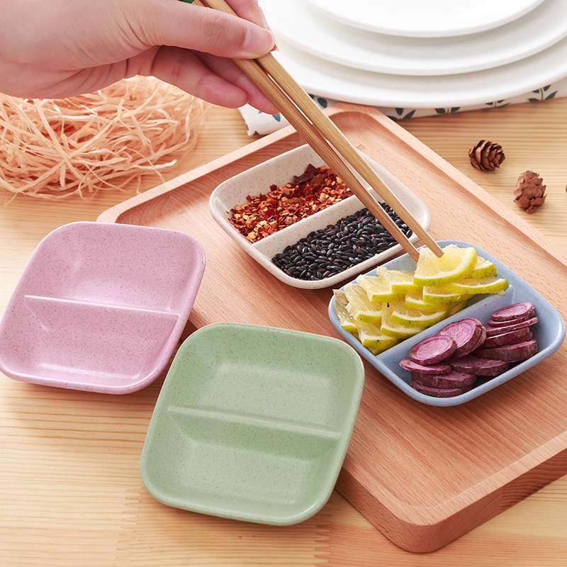 [Unggulan] Wheat Straw Double Grid Small Dish Mini Kecap Saos Dipping Dish Appetizer Tray Tempat Bumbu Dapur Peralatan Makan Piring Cemilan Peralatan Makan Bumbu Dapur Rumah Piring Snack Dish