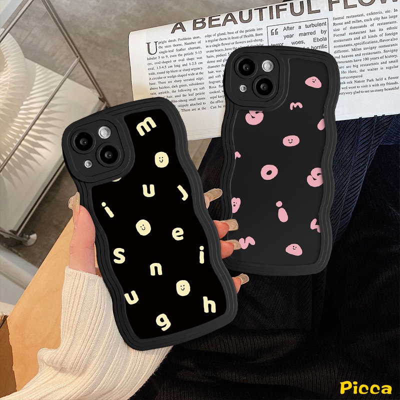 Ins Kartun Sederhana Alfabet Smile Couple Phone Case Kompatibel Untuk iPhone 7Plus XR 11 14 13 12 Pro Max 6s 7 8 6 14 Plus X XS Max SE 2020 Tepi Bergelombang Lembut Tpu Cover