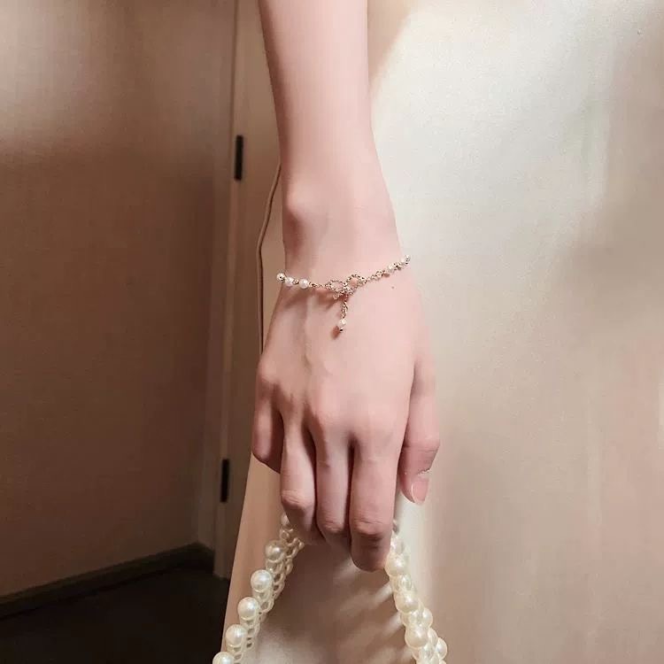 Ifyou Gelang Mutiara Gelang Liontin Busur Kristal Emas Untuk Wanita Aksesoris Fashion Perhiasan