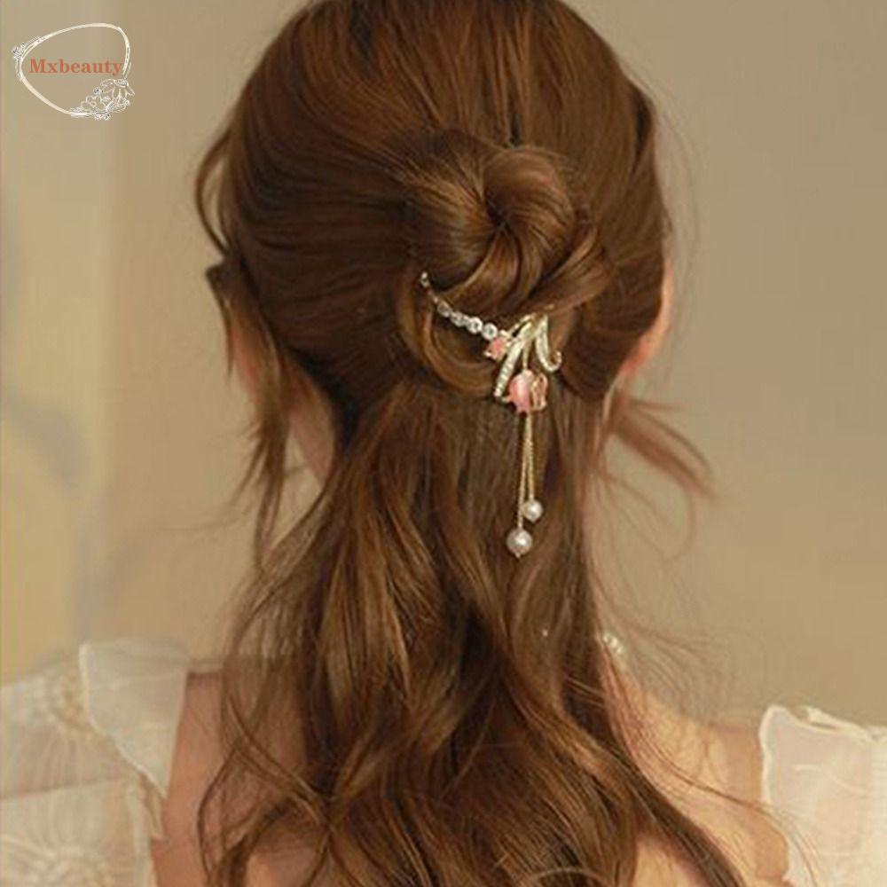 Mxbeauty Wanita Ponytail Gesper Trendi Manis Halus Imitasi Mutiara Tulip Ponytail Holder Berlian Imitasi Aksesori Rambut Gaya Korea Hair Clip