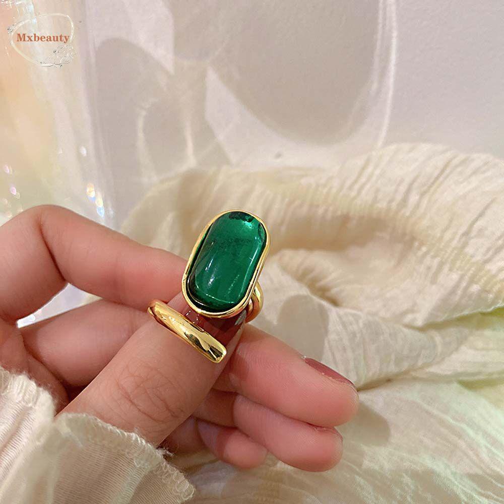 Mxbeauty Pembukaan Cincin Indah Hadiah Pernikahan Warna Emas Imitasi Permata Oval Geometris Gaya Korea