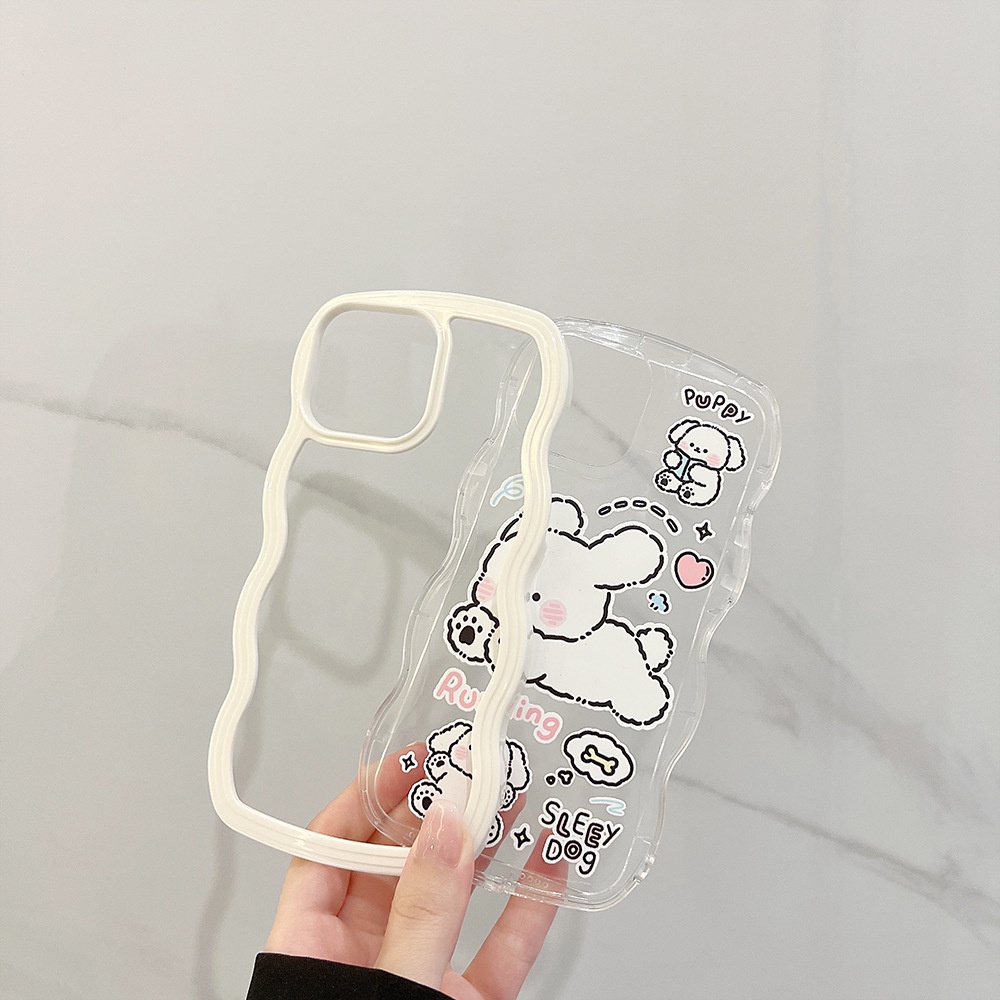 2in1 Handpainting Kartun Anjing Anjing Anjing Berbentuk Gelombang Telepon Transparan Case Cover Untuk Iphone X XR XS 11 12 13 PRO MAX