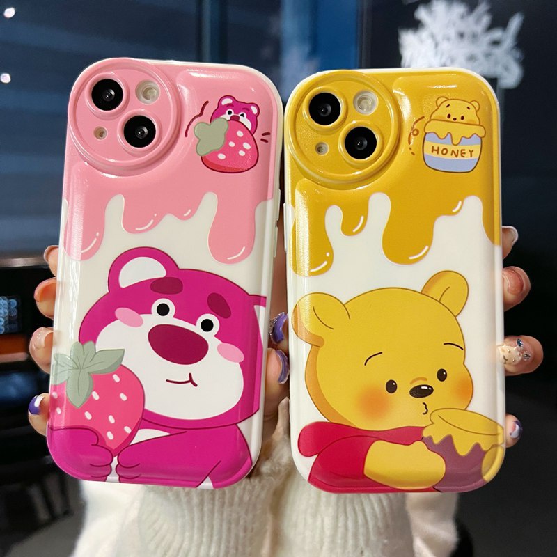 Cute Airbag Soft Case for IPhone 6S 7 8 Plus XR XS Max IPhone 11 12 13 14 Pro Max 14 Plus 7+ 8+ Cream Strawberry Bear Winnie The Bear Cartoon for Women Girl Missconnie Casing HP IPHONE 11 PRO MAX