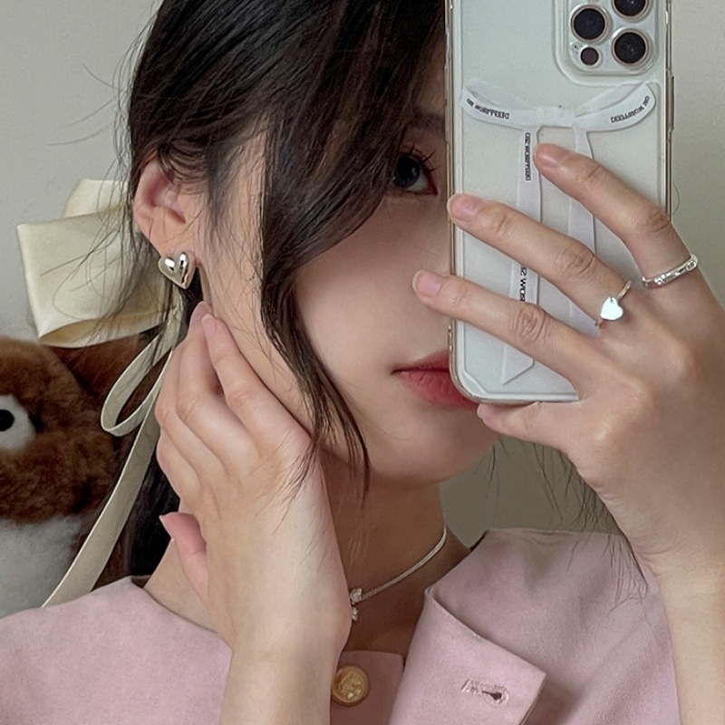 Kami Bunga Chic S925 Perak Glossy 3D Jantung Stud Anting-Anting Untuk Wanita Perempuan Elegan Cinta Anting-Anting Korea Fashion Telinga Perhiasan Aksesoris
