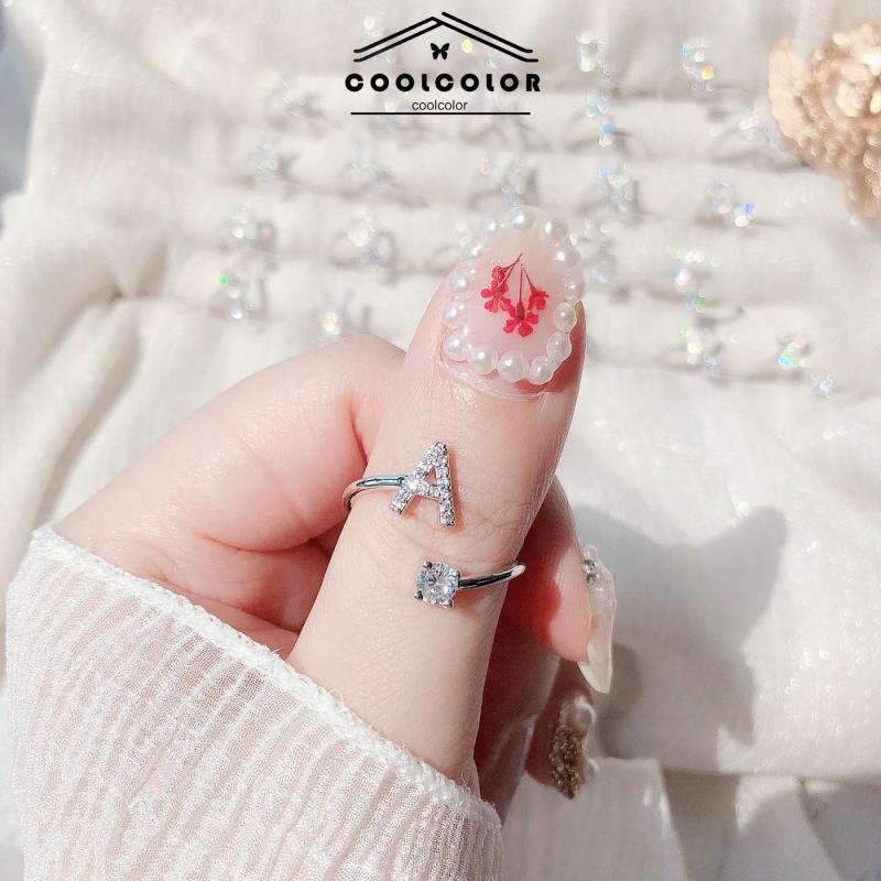 COD❤️Cincin Model Terbuka Desain 26 Huruf Bahan Alloy Aksen Berlian Imitasi Untuk Wanita- cl