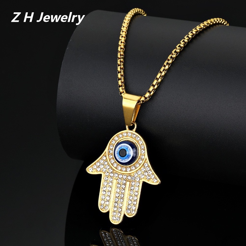 [Z H Perhiasan] Vintage 18K Emas Fatima Beruntung Palm Setan Mata Permata Fashion Pria Anti Karat Liontin Kalung Liontin Hip Hop Pesta Baja Titanium Perhiasan Aksesoris