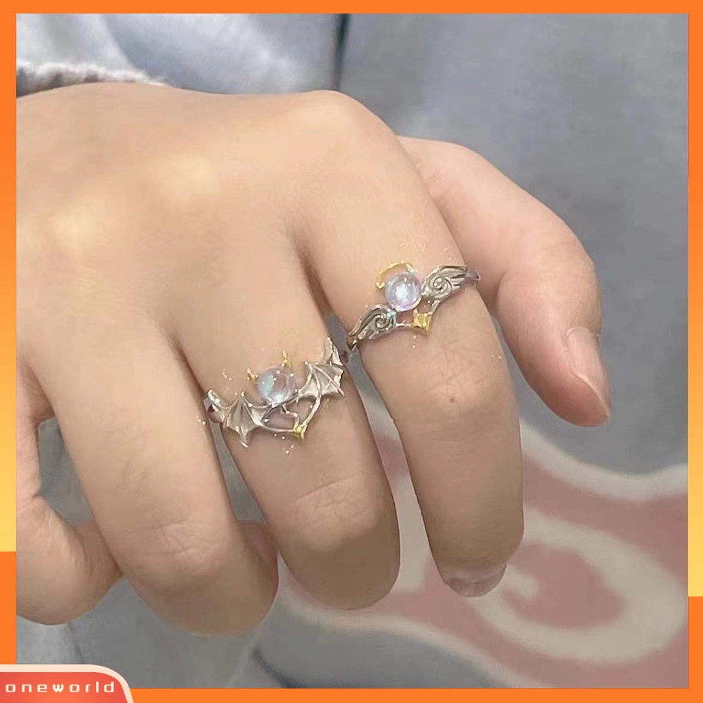 [EONE] Cincin Pasangan Pembukaan Adjustable Pria Wanita Bersinar Faux Moonstone Finger Ring Untuk Pernikahan