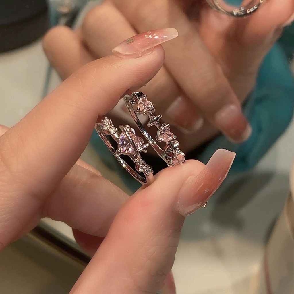 Pink Zirkon Jantung Cincin Untuk Wanita Manis Aksesoris Perak Terbuka Rings Perhiasan Gadis