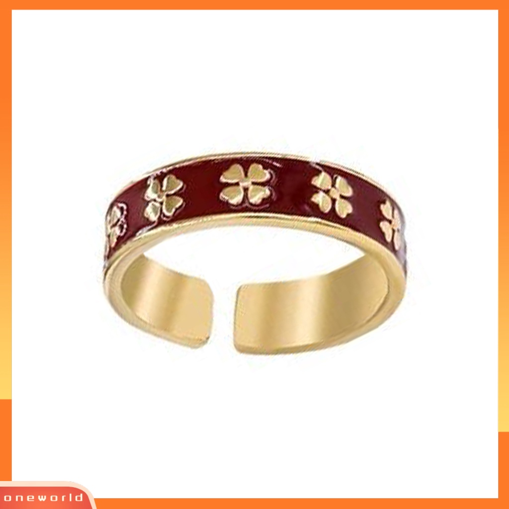 [EONE] Wanita Cincin Enamel Merah Bi-color Opening Adjustable Elegan Logam Emas Empat Daun Semanggi Jari Cincin Fashion Perhiasan