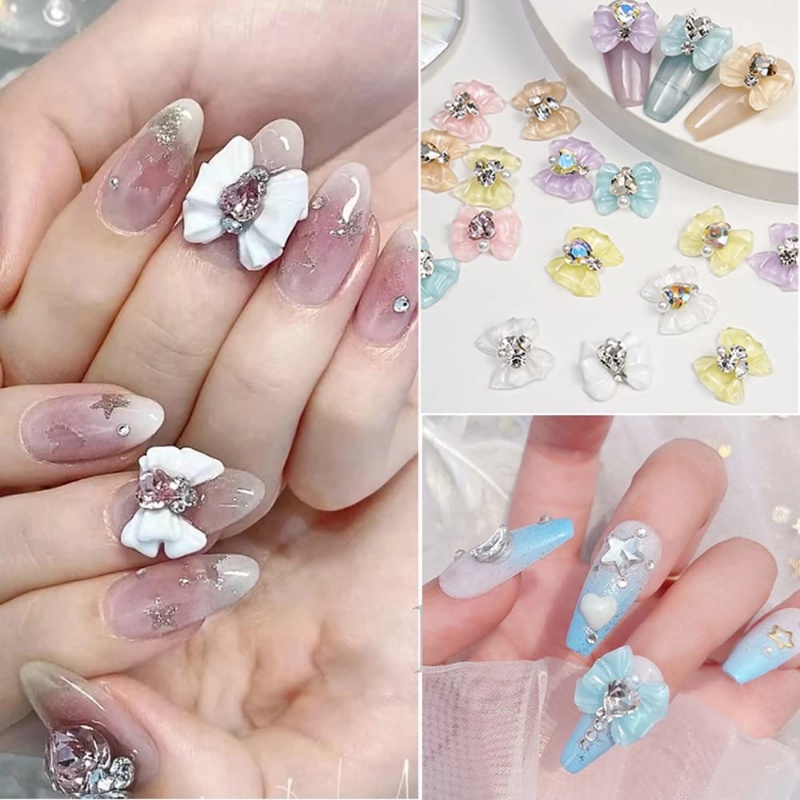 [Unggulan] Berlian Mengkilap Kuku Berlian Imitasi Aksesoris Kuku Perlengkapan Kuku DIY Kuku 3D Busur Kuku Pesona Busur Resin Nail Art Dekorasi 6warna Kristal Hati Ikatan Simpul Kuku Permata