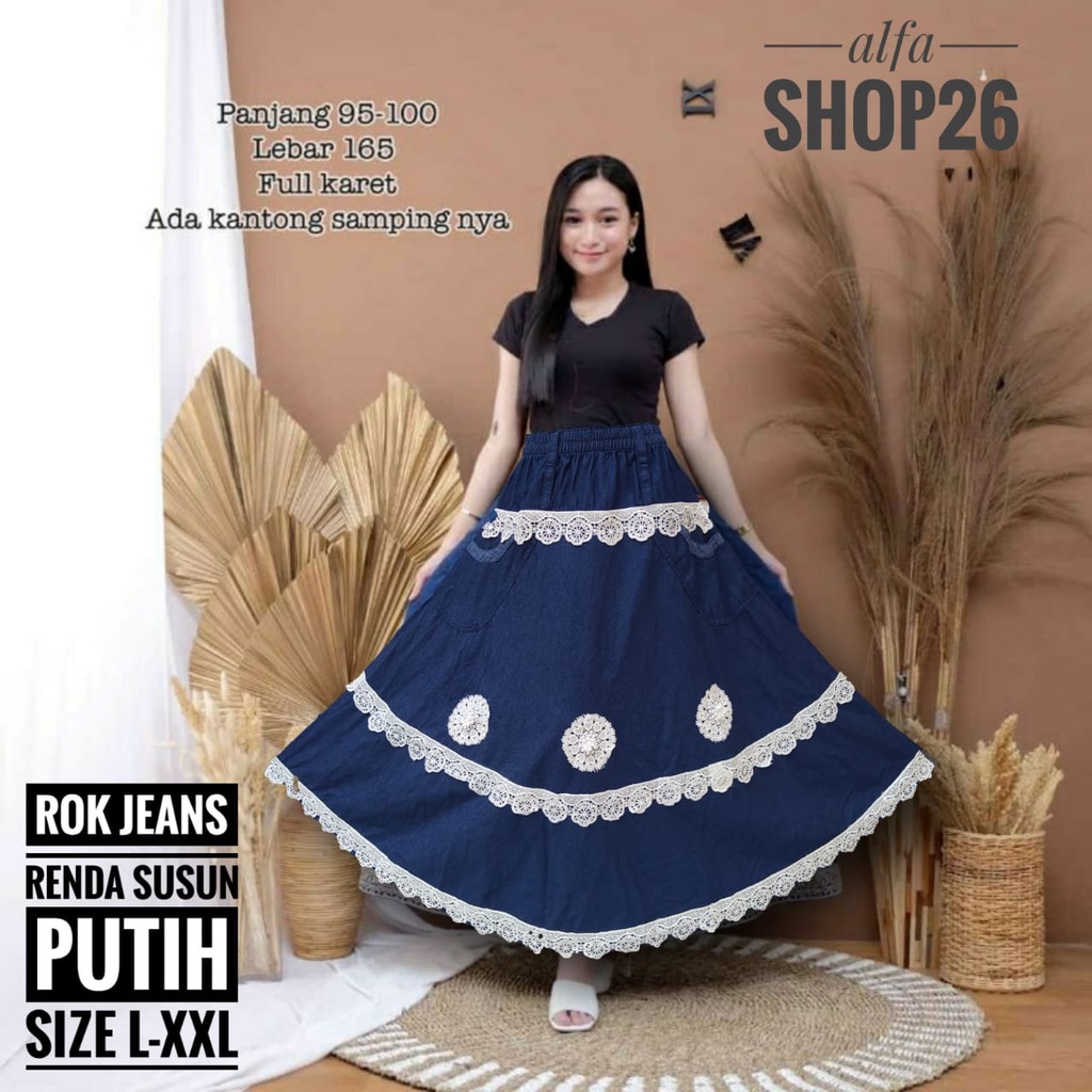 ROK JEANS PANJANG WANITA RENDA SUSUN PUTIH