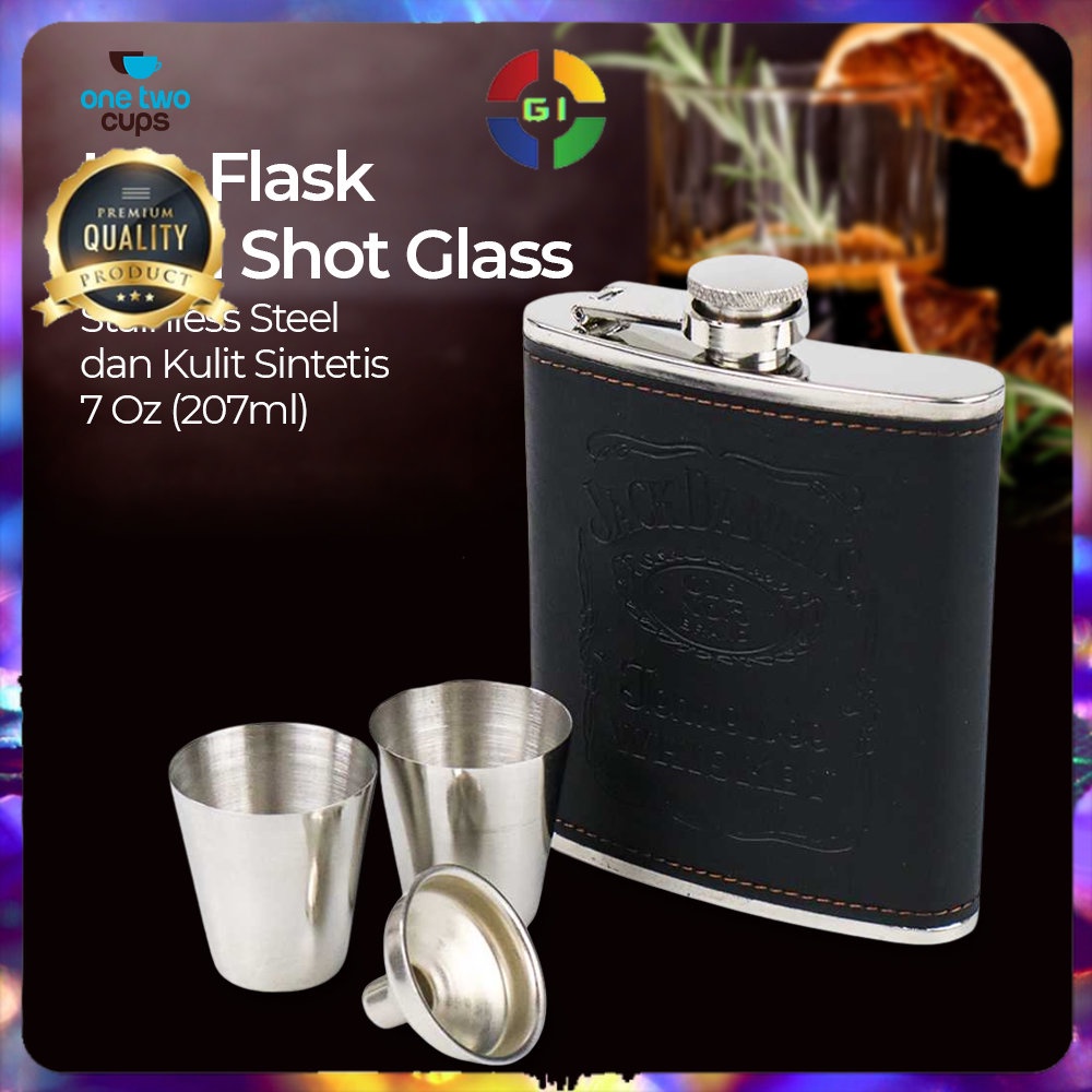 Botol Bir Hip Flask Stainless Leather 7Oz with Shot Glass Black