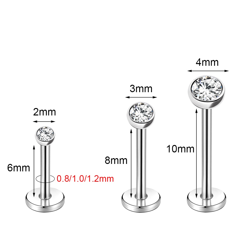 1pc 16G/18G/20G Kristal Stainless Steel Lip Stud Plug-in Gaya Labret Piercing Cartilage Stud Earrings Helix Keong Piercing