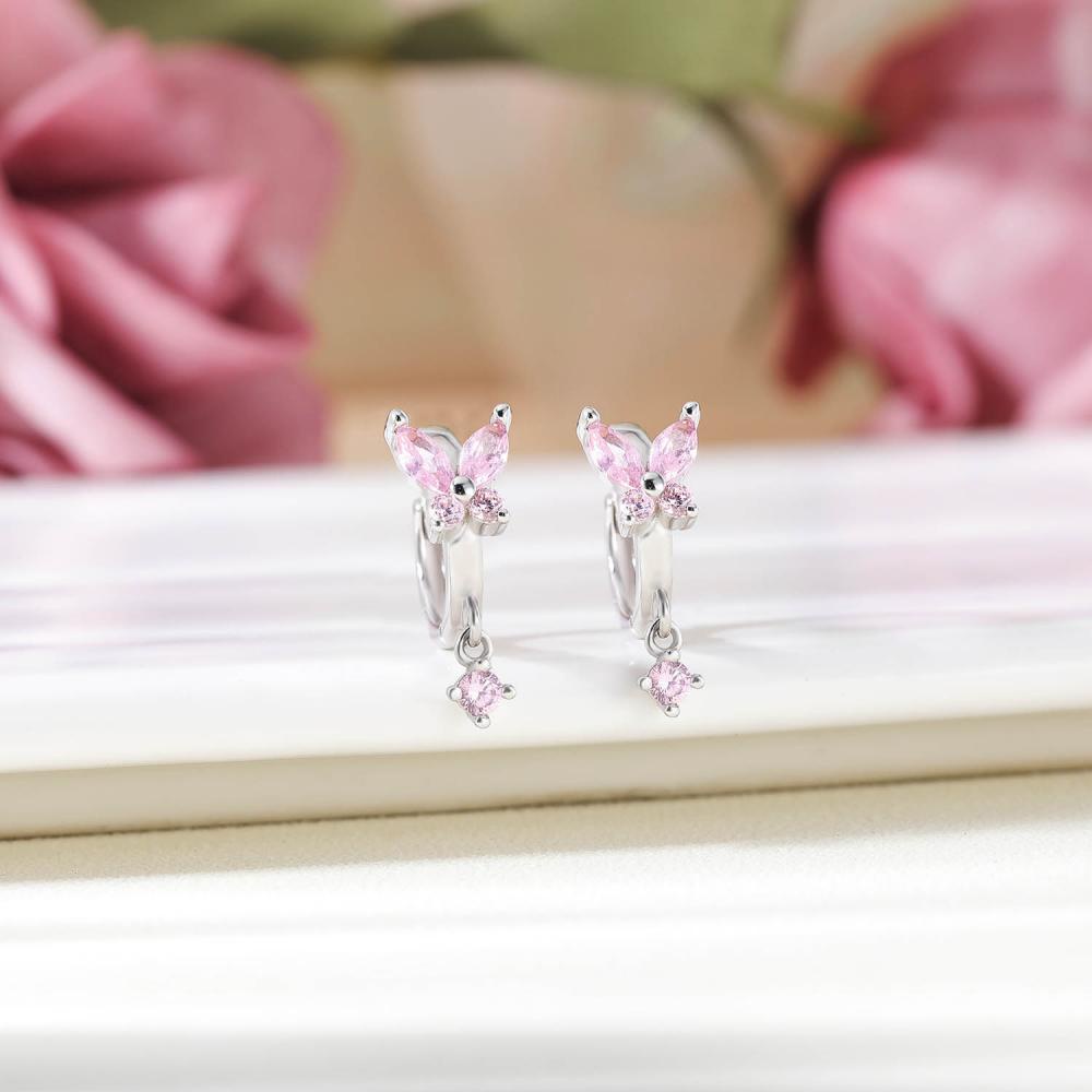 1pasang925 Sterling Silver Kupu-Kupu Hoop Earrings Kristal Anting Bulat Segitiga Lingkaran Anting Tulang Rawan Lobe Piercing