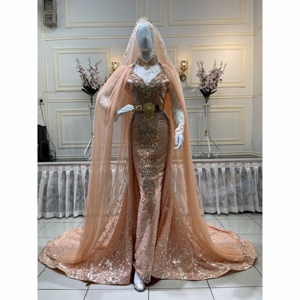 Gaun pengantin / kebaya pengantin modern slim ekor payet mutiara mewah - Ungu Taro
