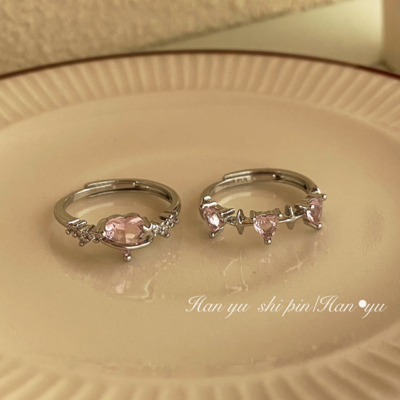 Yeezii Manis Merah Muda Zirkon Jantung Cincin Untuk Wanita Fashion Perak Terbuka Rings Aksesoris Gadis Perhiasan