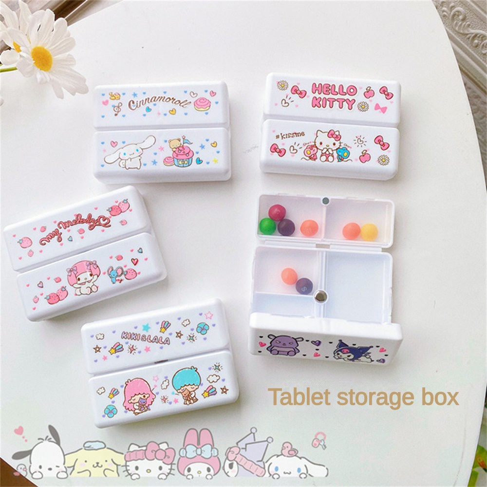 Box Sanrio Kotak Obat Kecil Kuromi My Melody Cinnamoroll Hello Kitty Mini 7-Grid Magnet Sub-Packing Kotak Penyimpanan untuk Minggu Bisnis Sub-Packing