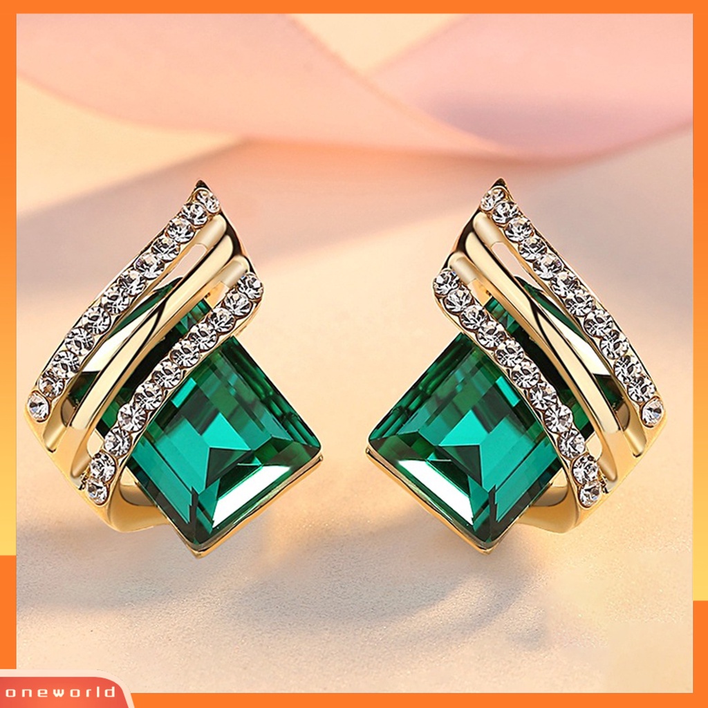 [ONE] 1pasang Ear Studs Rhinestone Geometric Electroplating Luxury High Gloss Ear Decoration Jewelry Faux Crystal Engagement Earrings Hadiah Anniversary