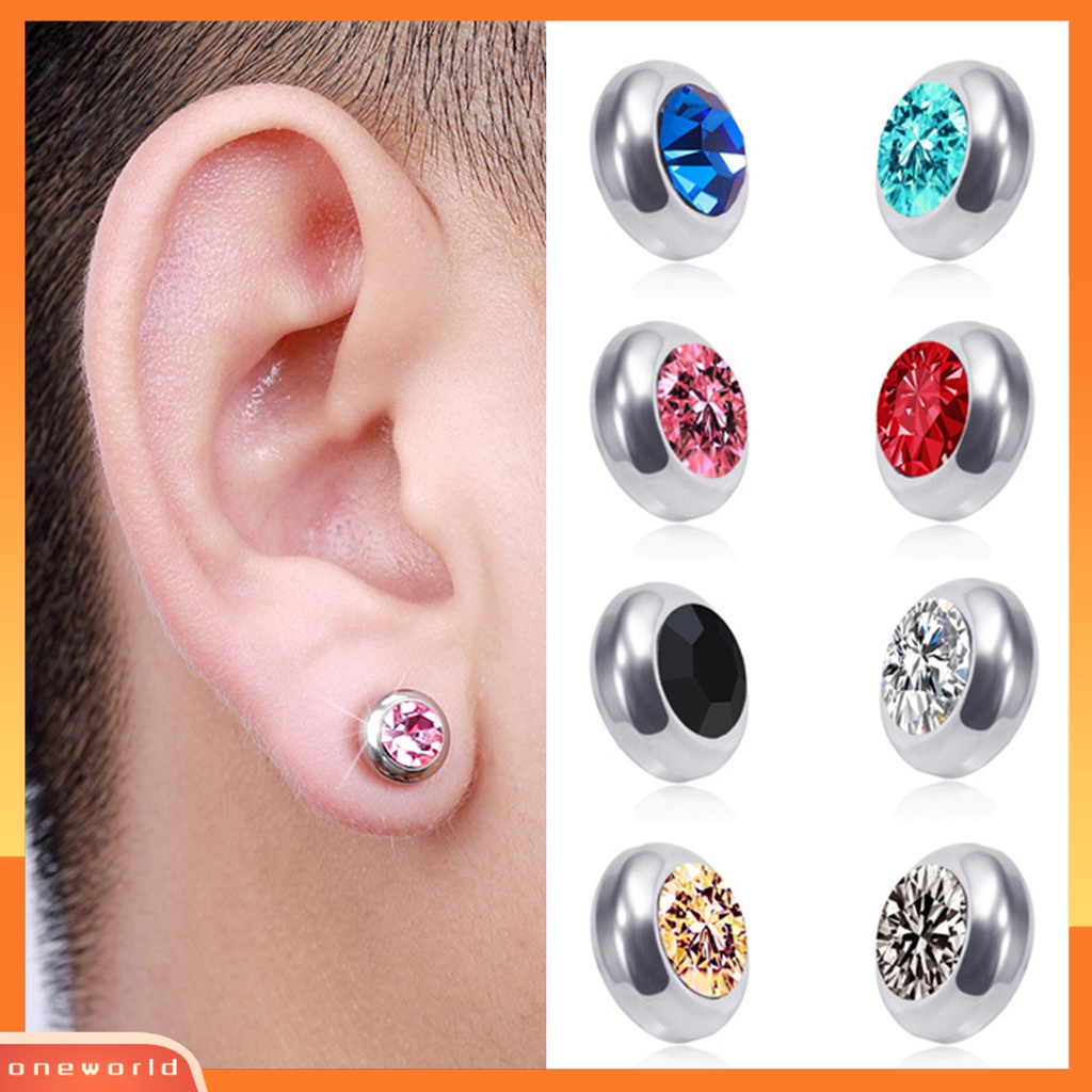 [EONE] 1pasang Ear Studs Non-Piercing ic Stainless Steel Bulat Berwarna Berlian Imitasi Tertanam Pria Wanita Anting-Anting Fashion Perhiasan