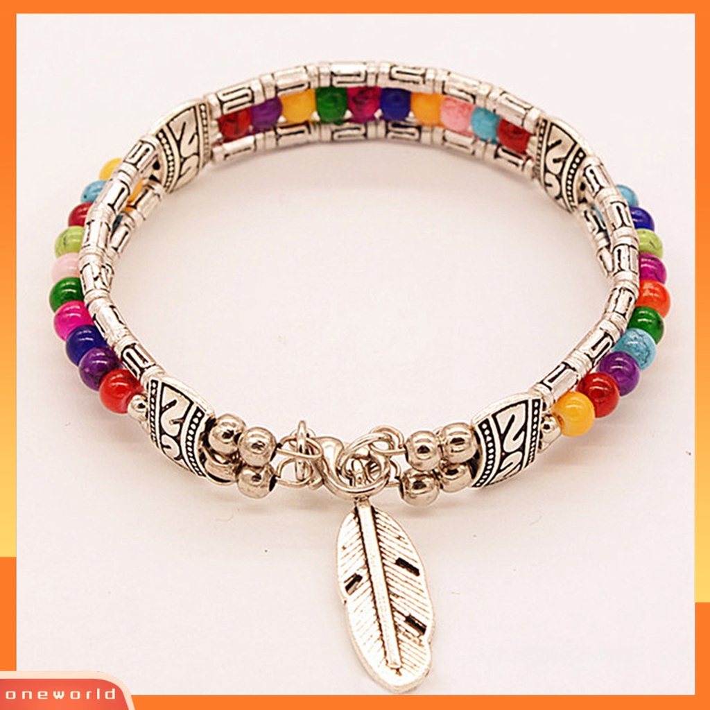 [EONE] Gelang Wanita Bentuk Bulu Bahan Alloy Imitasi Turquoise Tiga Lapis Women Bangles Untuk Hadiah