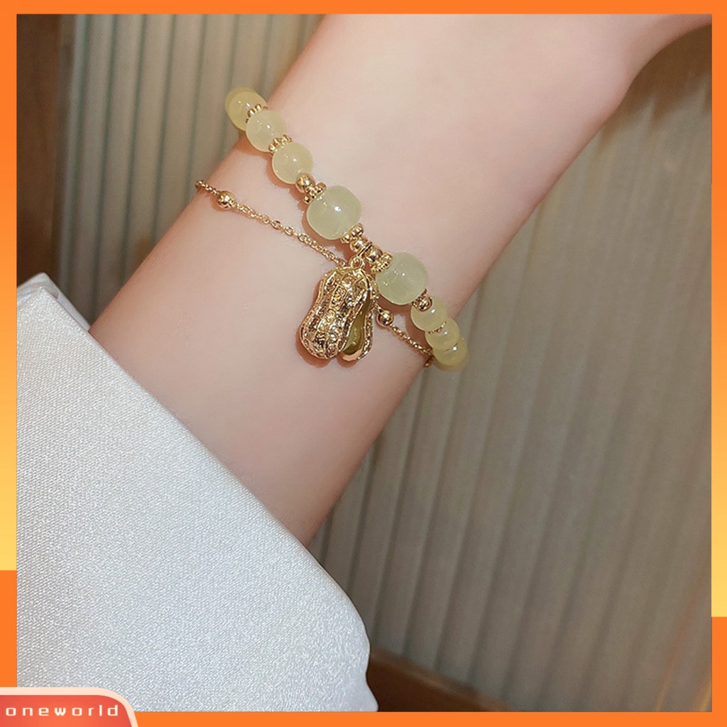 [EONE] Wanita Gelang Dua Lapis Manik-Manik Kristal Imitasi Emas Link Rantai Adjustable Kacang Liontin Wanita Bangle Fashion Perhiasan