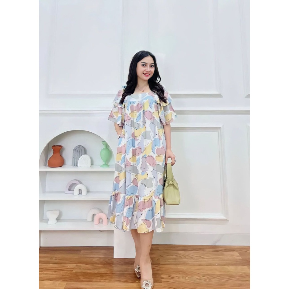 Aruna Dress Wanita Rayon Viscose Premium Baju Wanita Lengan Pendek Maxidress Kekinian LD 110 cm