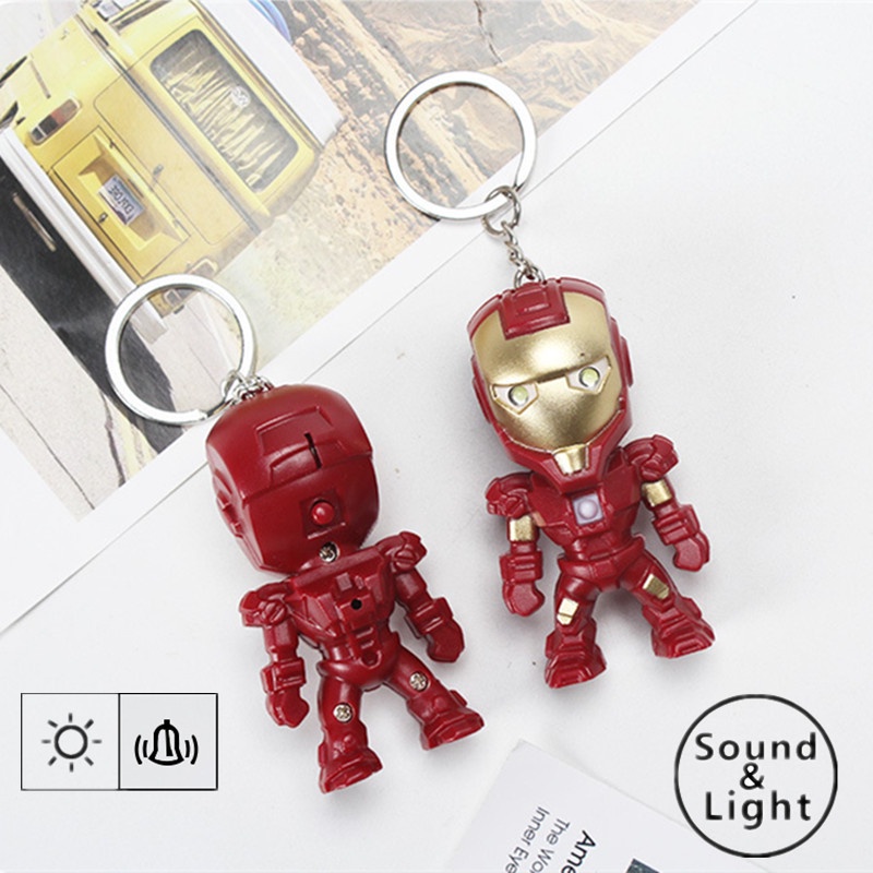 Film Superhero Iron Man LED Gantungan Kunci Lampu Suara Avengers Tony Stark Patung Boneka Dekorasi Gantungan Kunci