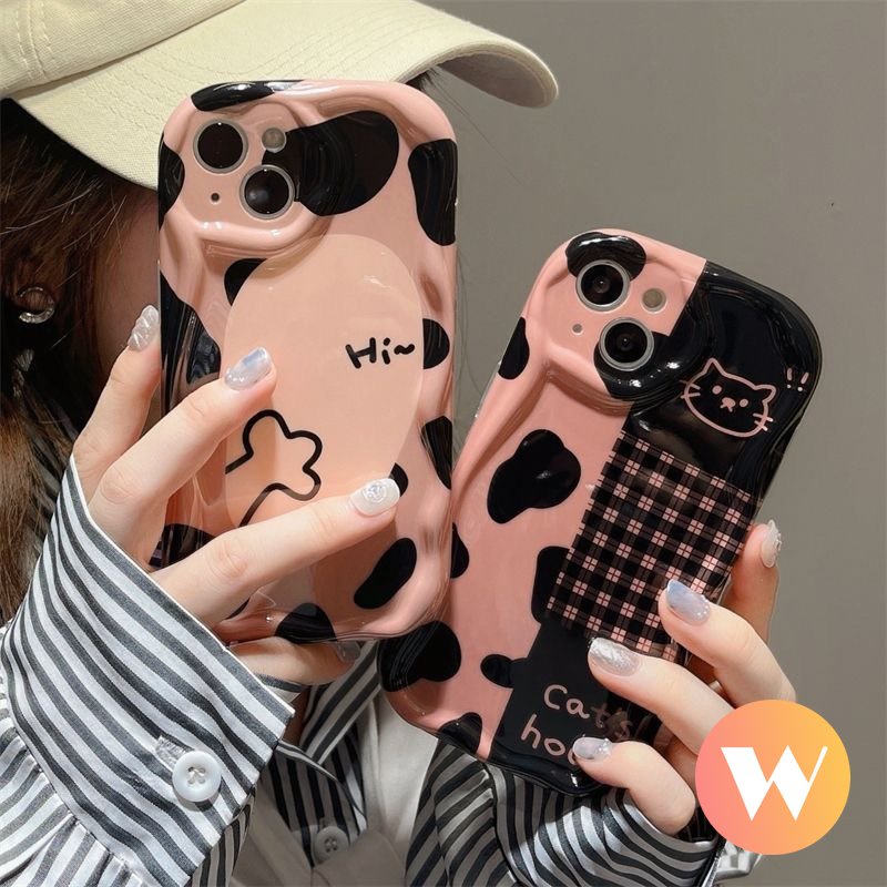 IPHONE Cover Kotak-Kotak Leopard Kucing Kartun Lucu Kompatibel Untuk Iphone13 11 14 12 Pro Max 8Plus 6 7 6s 8Plus Se2020 XR X XS Max 7Plus 3D Tepi Melengkung Bergelombang Glossy Lembut Shockproof Case