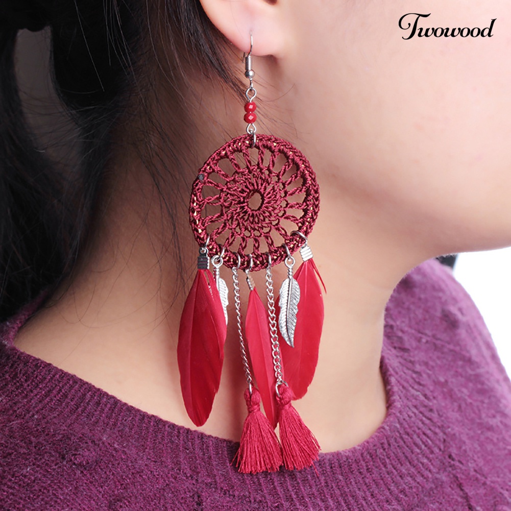 Twowood Ethnic Dream Catcher Rumbai Statement Hook Anting Juntai Panjang Wanita Perhiasan