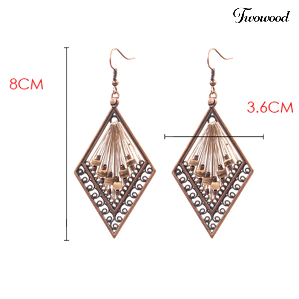 Twowood Bohemian Wanita Berongga Belah Ketupat Liontin Benang Menjuntai Drop Hook Anting Perhiasan