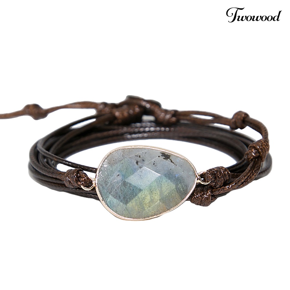 Twowood Boho Unisex Multi Layer Simpul Tali Lilin Labradorite Stone Charm Handmade Gelang