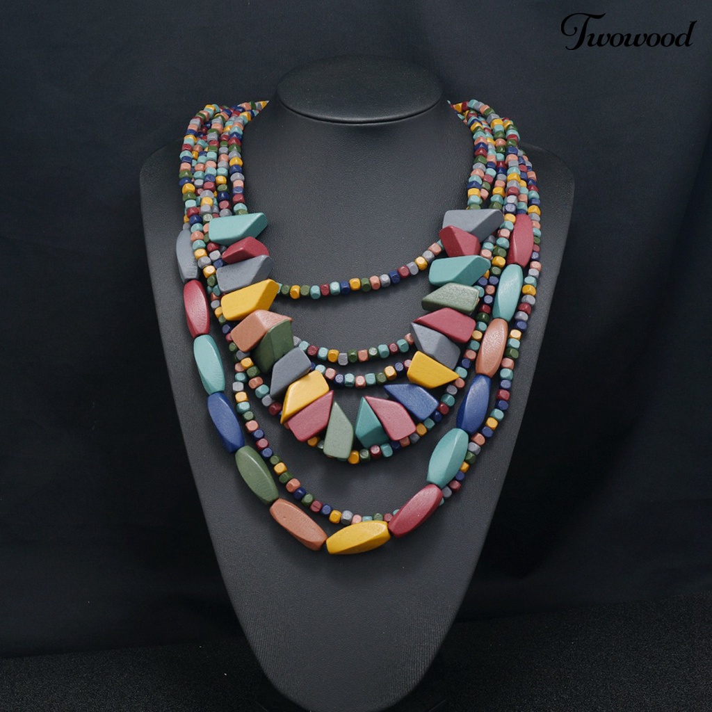 Twowood Pesta Kalung Berlebihan Vintage Multilayer Handmade Colorful Beads Dress Up Fashion Item Etnik Rumbai Kayu Manik-Manik Bib Kalung Pesta Liburan Perhiasan